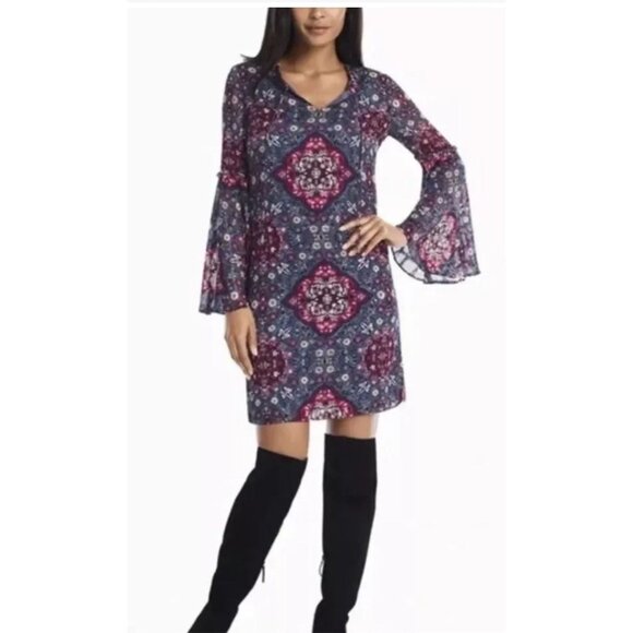 White House Black Market  Boho medallion Dress Bell Sleeve gray size small - Picture 1 of 12